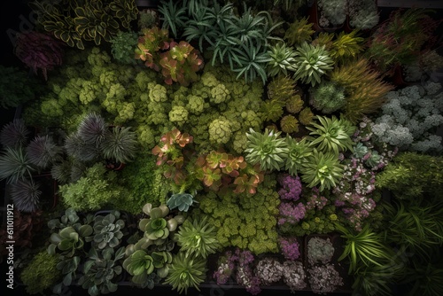 closeup of moss covered stone, various succulent plants, generative ai