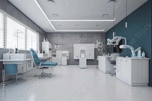 Generative AI of modern dental office with blue chair in the foreground