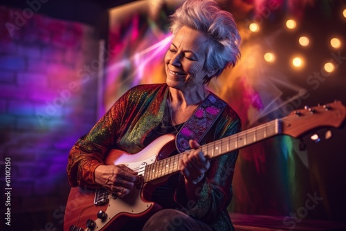 Environmental portrait photography of a satisfied mature woman playing the guitar against a neon sign background. With generative AI technology