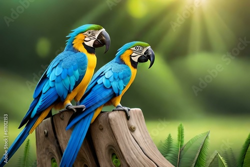 Blue macaws in their natural environment. Concept of preservation of the species. Created with generative Ai technology.