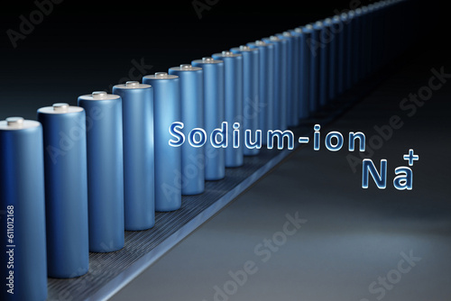 The line of Sodium-ion batteries in a dark background- 3D render