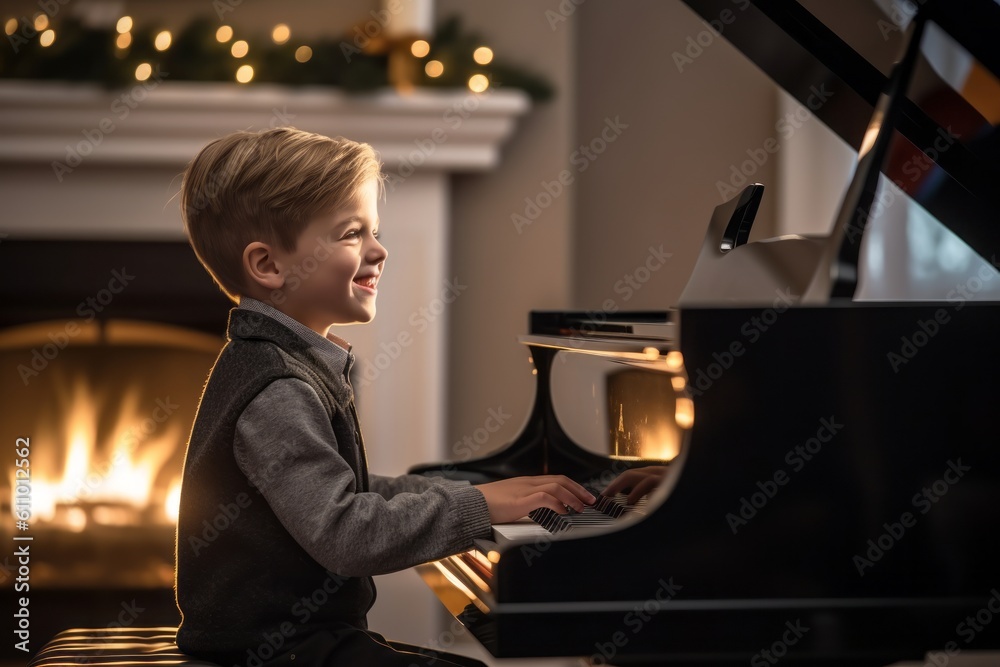 Lifestyle portrait photography of a grinning kid male playing the piano against a cozy fireplace background. With generative AI technology
