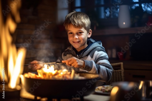 Medium shot portrait photography of a glad kid male cooking against a cozy fireplace background. With generative AI technology