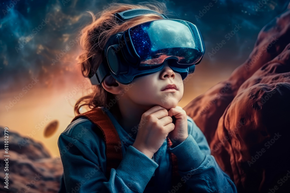 Girl uses virtual reality glasses to watch a movie or a game. Portrait of a happy child with a virtual reality headset, an image of a great future with the help of modern technologies. Generative AI.