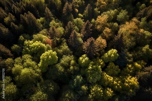 trees in the forest  aerial view  autumn morning lights  generative ai