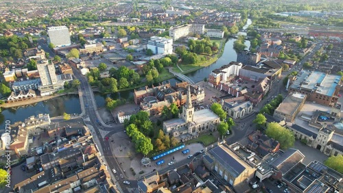 Beautiful Aerial Footage of Central Bedford City of England Great Britain of UK. The Downtown's Footage Was Captured with Drone's Camera from Medium Altitude from River Great Ouse on 27-May-2023.  photo