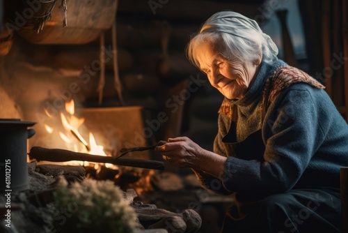 Environmental portrait photography of a satisfied old woman building or repairing something against a cozy fireplace background. With generative AI technology