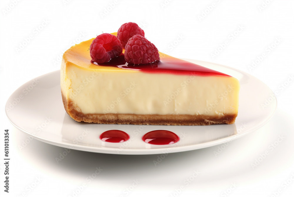 A piece of cheesecake on a plate on a white background. A piece of cheesecake on a plate on a white background.