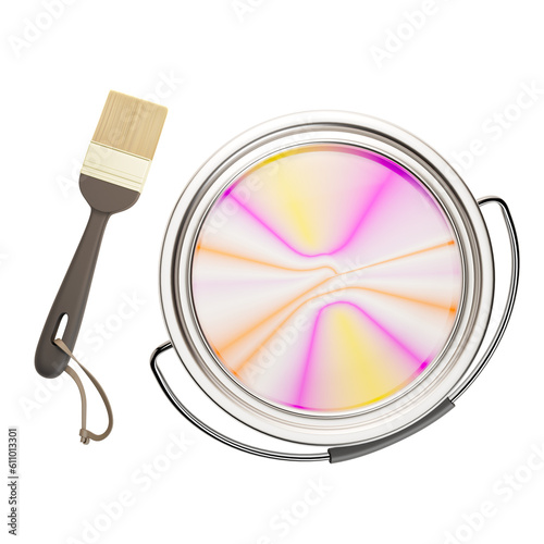 Paint bucket and a brush top view. Isolated on a transparent background. 3D render