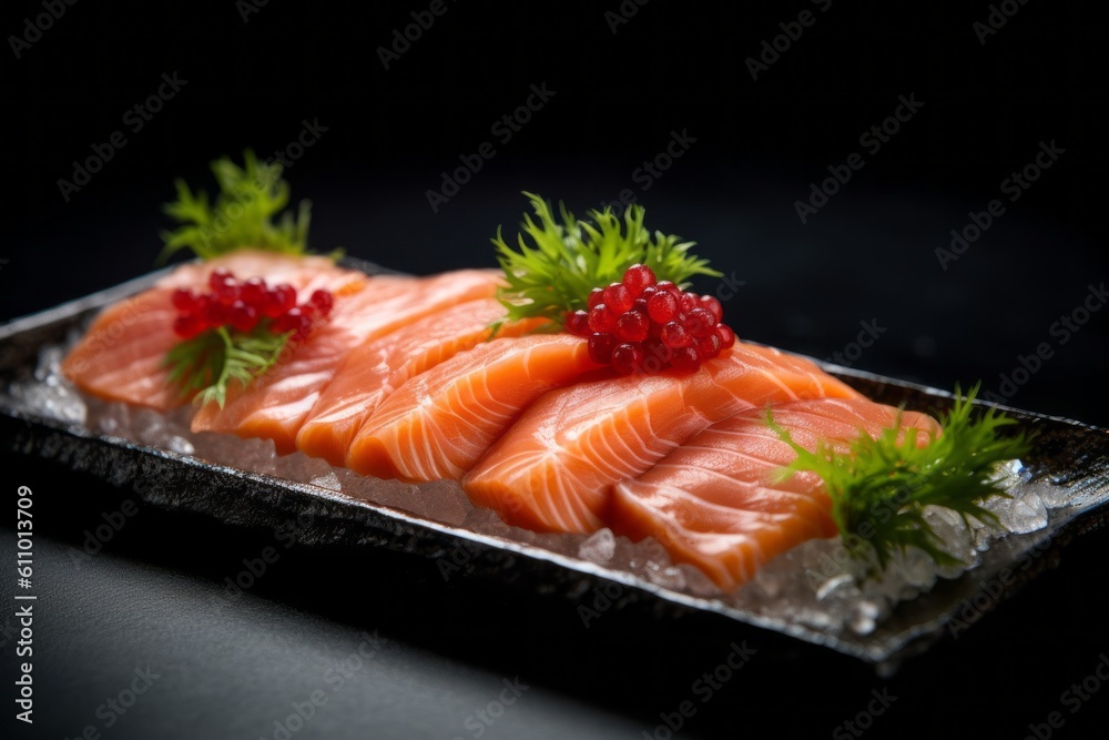 Macro view photography of a refined sashimi on a metal tray against a dark background. With generative AI technology Macro view photography of a refined sashimi on a metal tray against a dark background. With generative AI technology