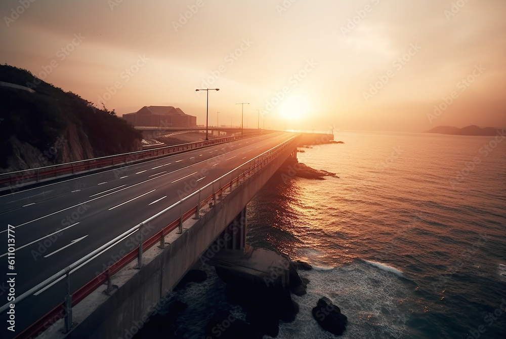 High-speed highway passing along the sea, sunset. Beautiful sunset.