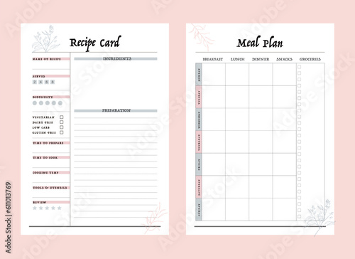 Recipe Card Meal planner. Plan you food day easily. Vector illustration. 