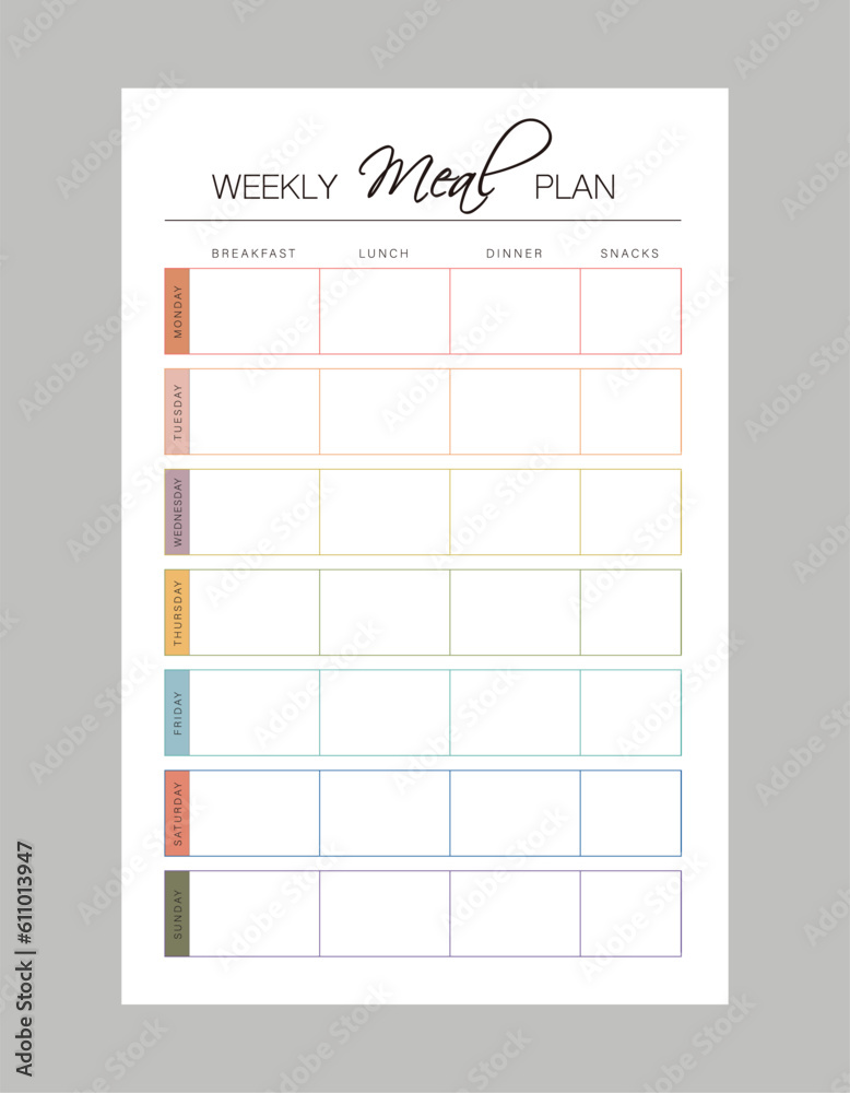 Weekly Meal Plan Planner. Plan you food day easily. Vector illustration.	