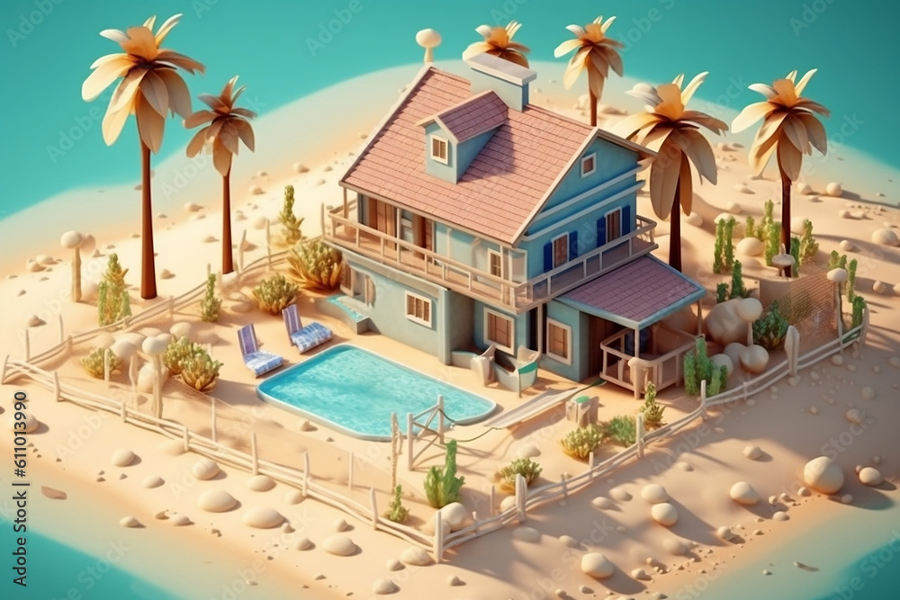 beach house with beautiful sandy shore, clear blue water, palm trees, 3d isometric anime. Generative Ai