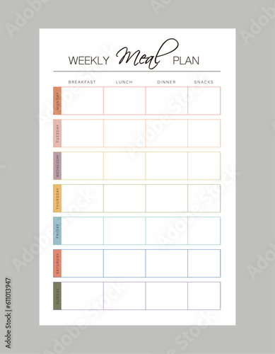 Weekly Meal Plan Planner. Plan you food day easily. Vector illustration.	