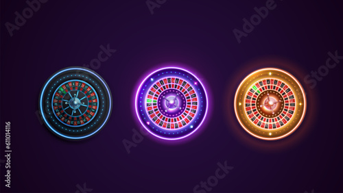 Neon Casino Roulette wheels isolated on dark background, blue, pink and gold digital casino elements