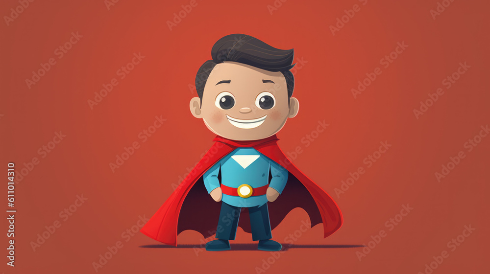 Little Boy in Red and Blue Superhero Costume with Cape in Cartoon Style Illustration. Portrays Power, Dreams, Aspiration, and Hope. With Licensed Generative AI Technology Assistance.