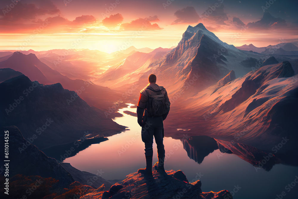 a man standing on a high moutain and looking over a lake during sunset