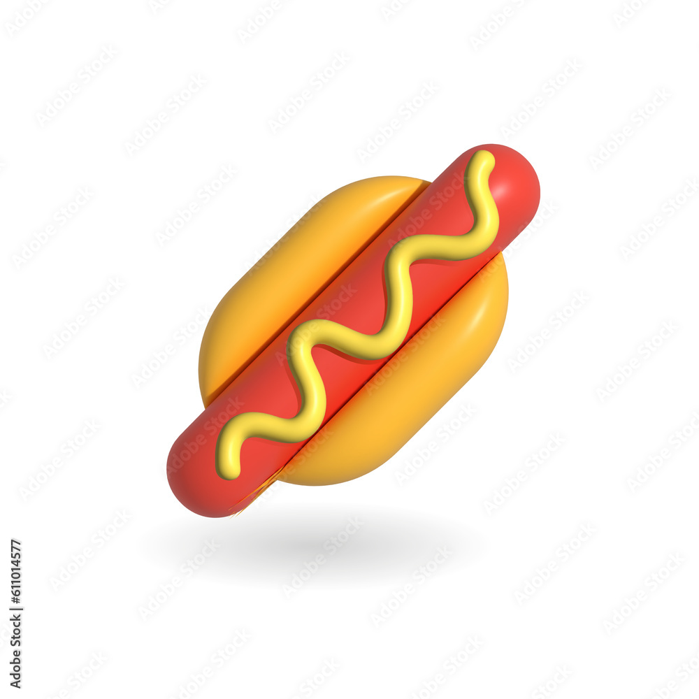 Appetizing delicious divine tasty 3d hot dog with mustard fast food icon. 3d rendered illustration in minimal realistic style isolated on white background. For vendor, menu card, design, delivery. Appetizing delicious divine tasty 3d hot dog with mustard fast food icon. 3d rendered illustration in minimal realistic style isolated on white background. For vendor, menu card, design, delivery.