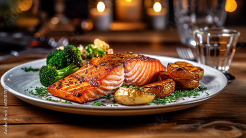 grilled salmon with potatoes, broccoli, bold contrast, rich hues, enchanting lighting, exaggerated features, golden light, rustic charm, vibrant and bold, iconic, veggies, 8k, 4k, hd wallpaper