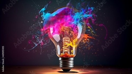Light bulb explodes with colorful paint and splashes creative on a dark background. Creative idea concept. Generative ai