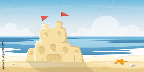 Cartoon sandcastle on beach, Vector illustration.