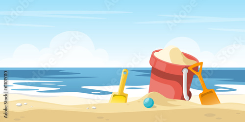 Plastic sand bucket with shovel and children toys on sand beach, Vector illustration.