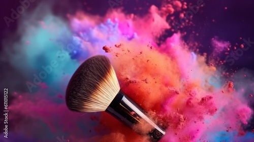 Makeup brush with explosion of colorful powder dust. Generative ai
