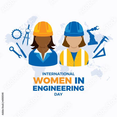 International Women in Engineering Day vector illustration. Woman engineer with safety helmet symbol. Female engineer graphic design element. Engineering icon set vector. June 23. Important day
