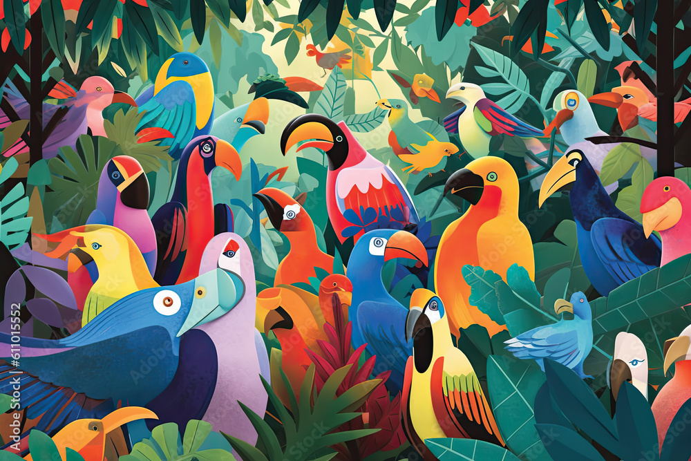 Illustration Seamless pattern with Birds and tropical plants