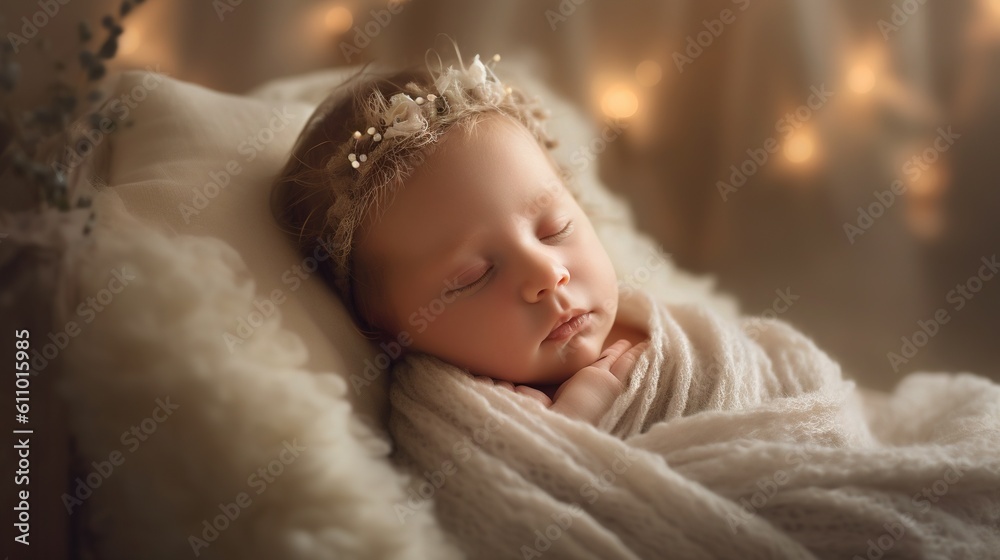 newborn baby boy sleeps in a cot at home on a cotton bed with a crown of flowers - generative AI