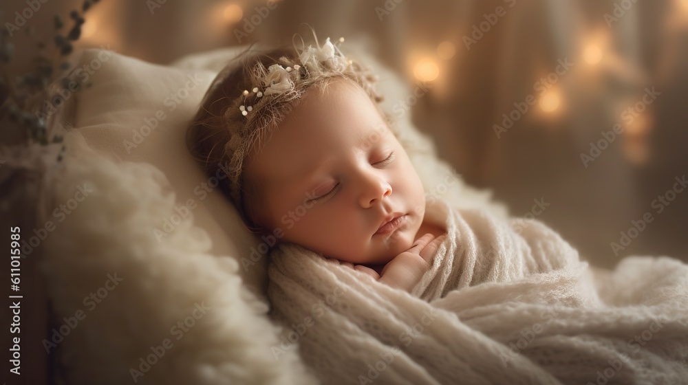 newborn baby boy sleeps in a cot at home on a cotton bed with a crown of flowers - generative AI newborn baby boy sleeps in a cot at home on a cotton bed with a crown of flowers - generative AI