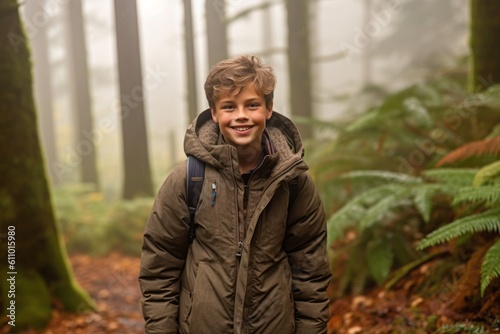 Environmental portrait photography of a grinning mature boy walking against a foggy forest background. With generative AI technology