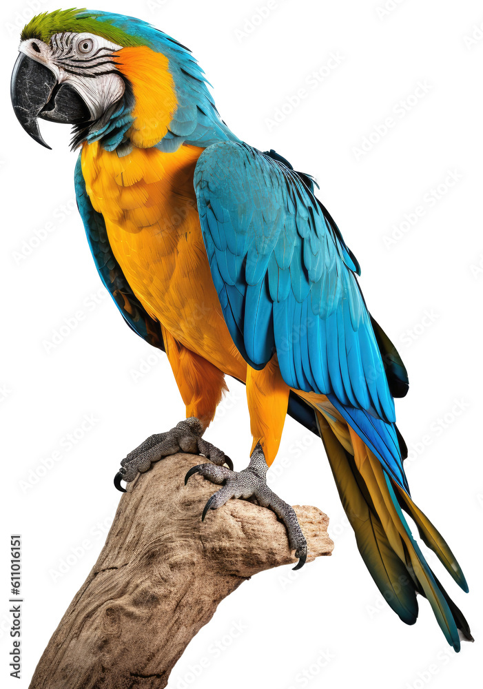 Obraz premium blue-and-yellow macaw parrot sitting on a branch isolated on white background as transparent PNG, generative AI animal