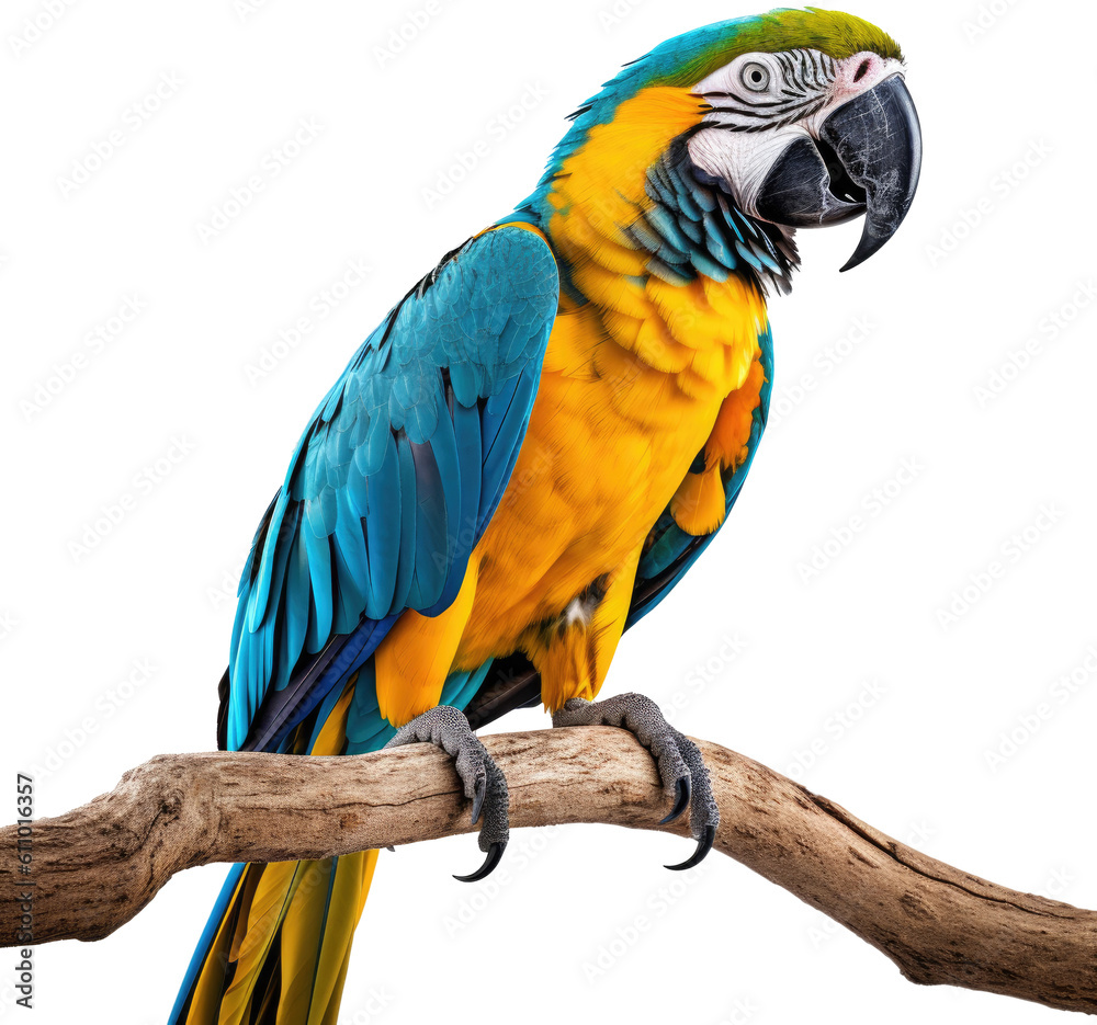blue-and-yellow macaw parrot sitting on a branch isolated on white background as transparent PNG, generative AI animal