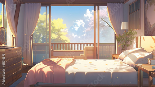 Japanese Anime Style Clean Relaxing Bedroom Background. With Licensed Generative AI Technology Assistance.