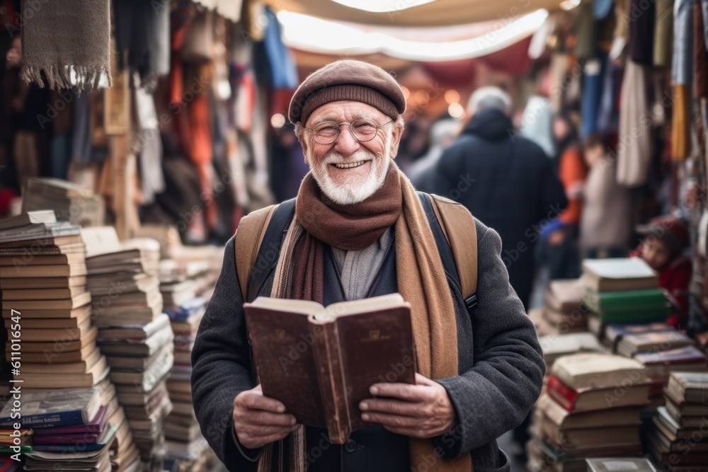 Medium shot portrait photography of a grinning old man reading a book against a bustling marketplace background. With generative AI technology Medium shot portrait photography of a grinning old man reading a book against a bustling marketplace background. With generative AI technology