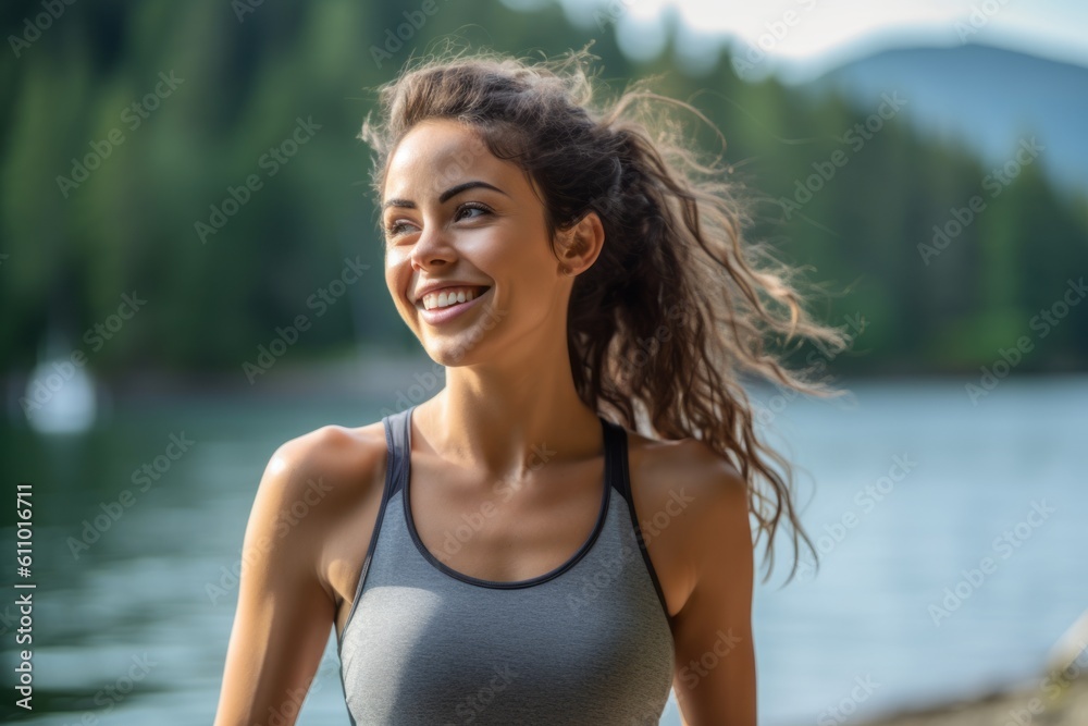 Environmental portrait photography of a grinning girl in her 30s working out against a tranquil lake background. With generative AI technology
