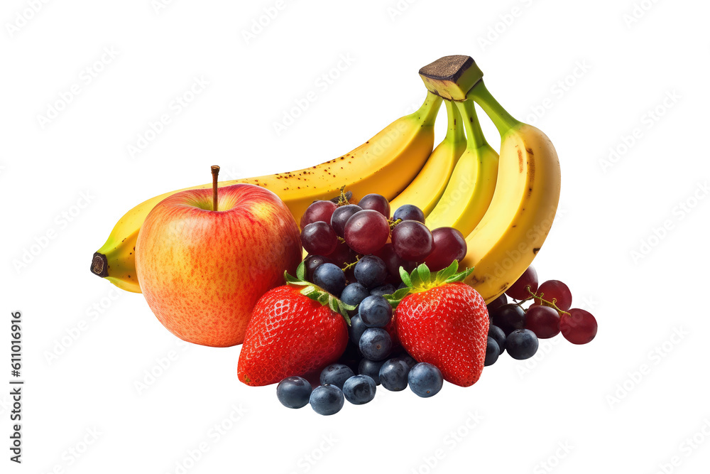 Bananas, grapes,red apple and strawberries isolated on transparent background, Generative Ai Bananas, grapes,red apple and strawberries isolated on transparent background, Generative Ai