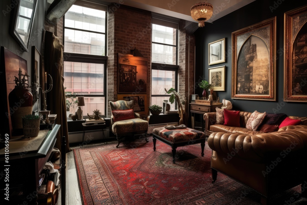 Living room in Loft in Traditional design style characterized by rich color palettes, a variety of textures and patterns, and classic artwork and furniture. Architecture and Real estate, AI generative Living room in Loft in Traditional design style characterized by rich color palettes, a variety of textures and patterns, and classic artwork and furniture. Architecture and Real estate, AI generative