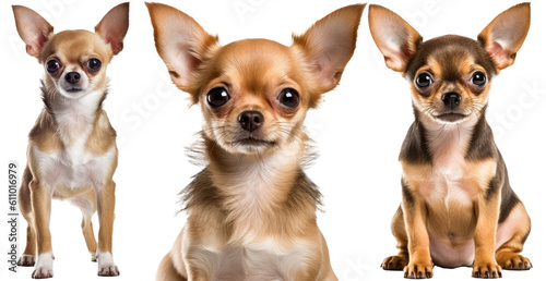 Collection of three dogs, chihuahua set (portrait, sitting and standing) isolated on white background as transparent PNG, generative AI animal bundle