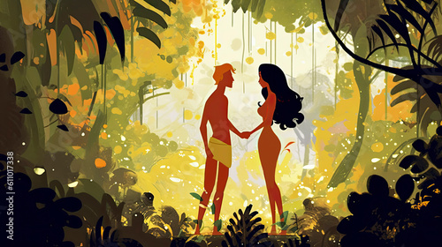 Colorful painting art portrait of Adam and Eve in the Garden of Eden. Old testament. Christian illustration. Generative AI.