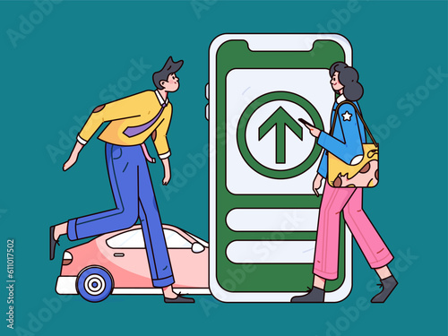 Flat vector concept operation hand-drawn illustration of people taking a taxi
