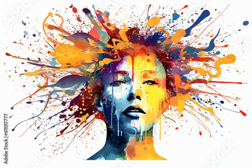 Mental health and creative abstract concept. Colorful illustration of happy w...