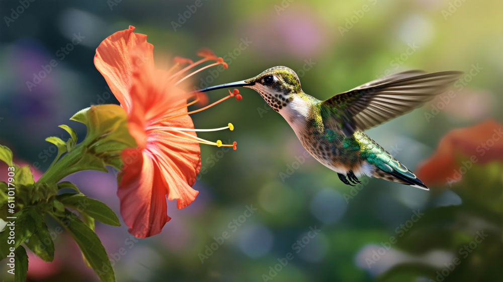 Fototapeta premium Hummingbird with a long beak, Heliodoxa jacula, bird hovering near a flower, mountain rainforest, nectar