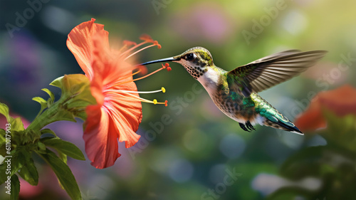 Hummingbird with a long beak, Heliodoxa jacula, bird hovering near a flower, mountain rainforest, nectar © HelgaQ