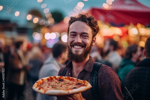 Medium shot portrait photography of a glad boy in his 30s holding a piece of pizza against a vibrant festival background. With generative AI technology