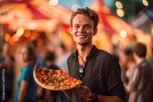 Medium shot portrait photography of a glad boy in his 30s holding a piece of pizza against a vibrant festival background. With generative AI technology