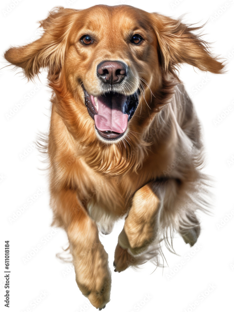 Golden retriever running towards the camera isolated on white  background as transparent PNG, generative AI animal