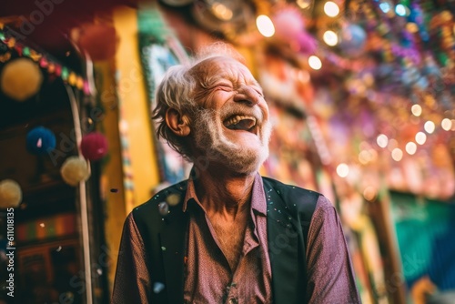 Medium shot portrait photography of a glad old man laughing against a vibrant festival background. With generative AI technology